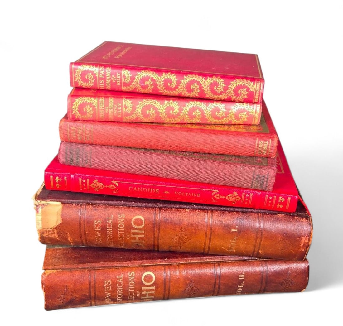 James Whitcomb Riley, Howe's Historical Collections, Voltaire - Antique Book Collection - Red, Brown: This is a collection of antique hardcover books featuring works by notable authors. The collection includes titles such as "His Pa's Romance," "Green Fields and Running Brooks," and another "Hoosier"