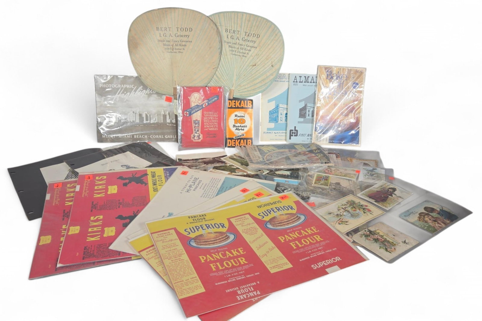 Superior & Hi-Plane Vintage Pancake Flour Labels, Mixed Advertising Ephemera - Collectible Paper Fan: This is a diverse collection of vintage advertising ephemera, primarily composed of paper items. The lot includes several flat, unfolded box labels for 'SUPERIOR PANCAKE FLOUR,' featuring a red and ye