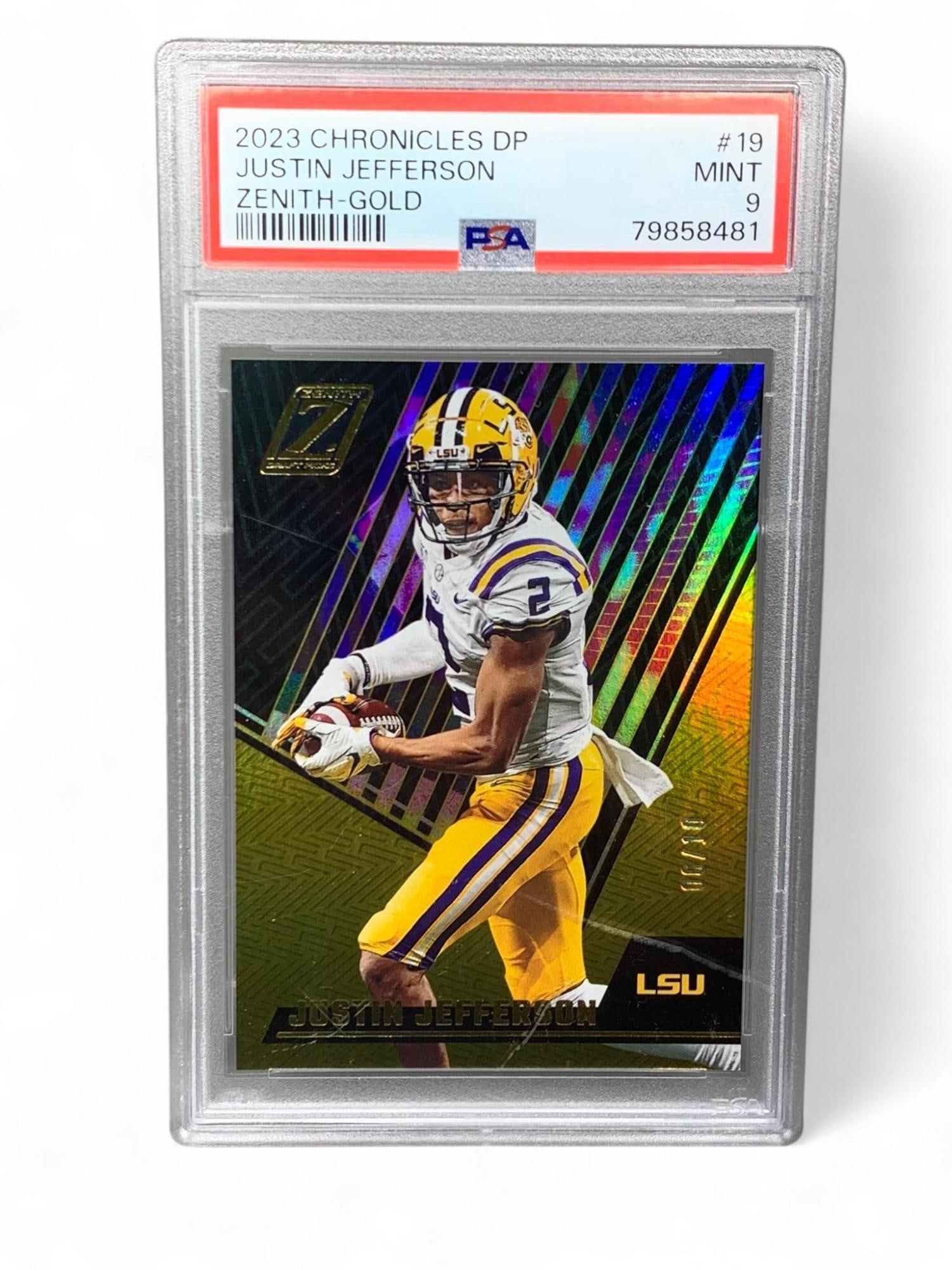 2023 Chronicles Draft Picks Justin Jefferson Zenith Gold PSA 9- #6/10: Burns in-house shipping is available. pick up is Wednesday, Oct. 1, from Noon to 7 pm at our gallery in Lancaster, Ohio 43130 or we will provide in-house shipping for this item. We will charge a $5 fe