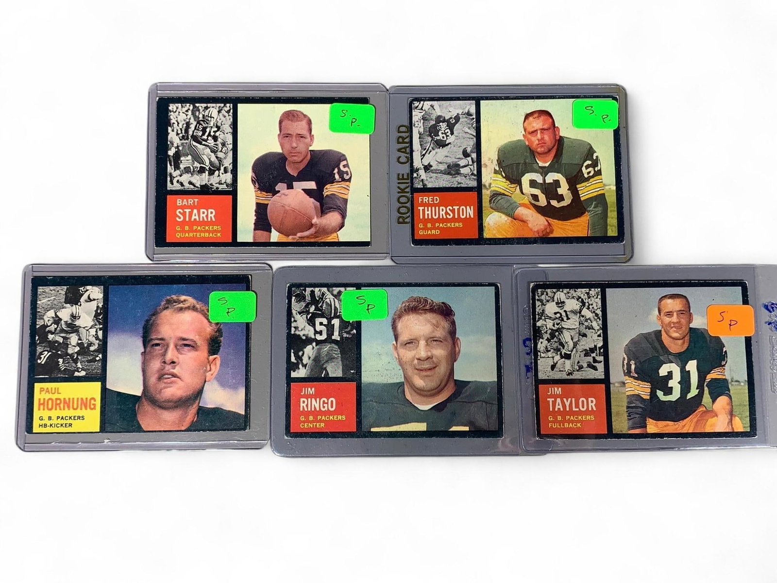1962 Topps Green Bay Packers Star lot w/ Starr, Hornung, Ringo, Thurston, Taylor,: all Short Prints. Burns in-house shipping is available. pick up is Wednesday, Oct. 1, from Noon to 7 pm at our gallery in Lancaster, Ohio 43130 or we will provide in-house shipping for this item. We w