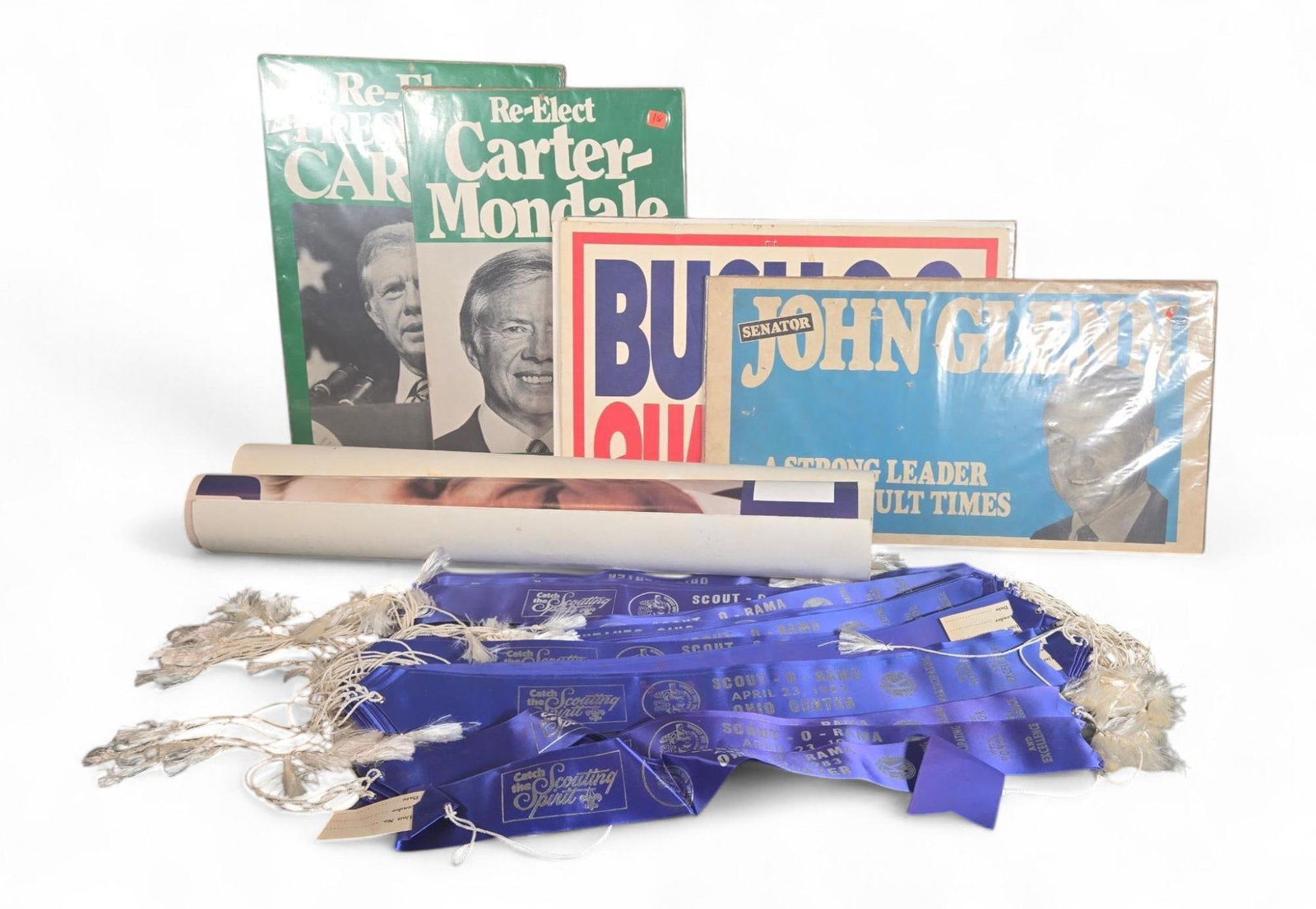 Vintage Political Campaign Posters & Boy Scout-A-Rama Ribbons Lot - Carter, Bush, Glenn Memorabil...: This lot features a collection of vintage political campaign posters and commemorative scouting ribbons. The political posters include those for 'Re-Elect Carter Mondale', 'BUSH QUAYLE', and 'SENATOR
