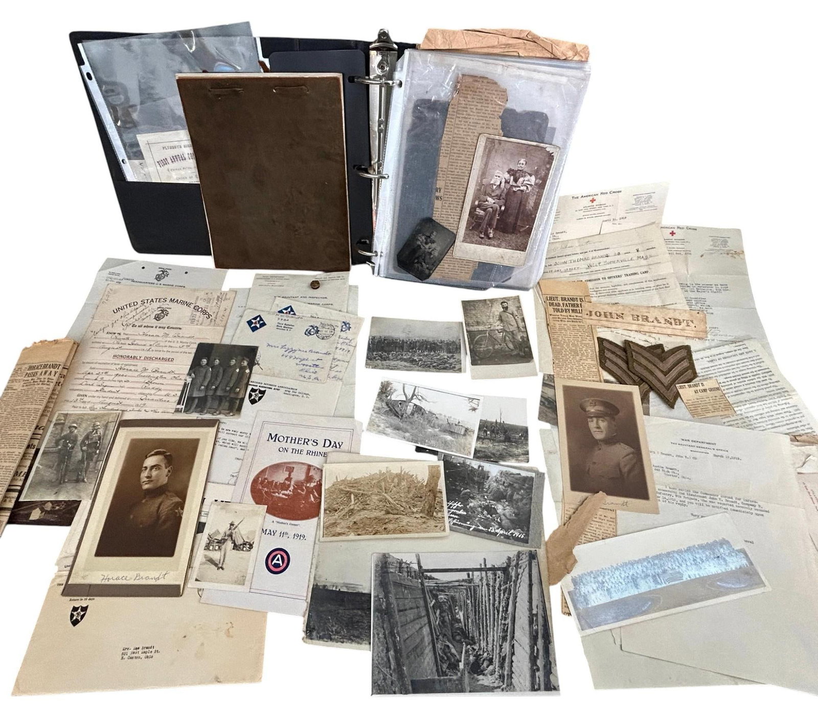 WWI U.S Army & USMC Photo & Ephemera Lot 2 Ohio Brothers 6th Regt Marines & 5th Div. 60th Regt KIA: World War One photograph and ephemera lot pertaining to Horace M. Brandt, 2nd Division, 6th Marine Regiment and John T. Brandt 5th Division, 9th Brigade, 60th Infantry Regiment. Both brothers were bor