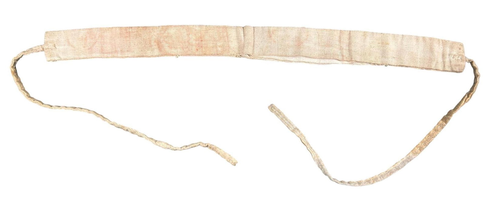 WWII Japanese Headband with Temple Stamps: World War II Japanese headband with temple stamps on the inner folds. This headband would have been presented as a "good luck" piece similar to a belt of a thousand stitches and presented to a soldier