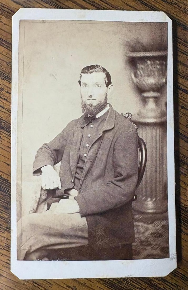 Civil War CDV photo John Amey 150th Pennsylvania Bucktails Regiment WIA Gettysburg: Civil War CDV photograph of Union soldier John Amey in uniform. The back of the image is signed "John Amey" and bears an "S.D. WIlson, Philadelphia backmark. The Civil War database indicates that he w
