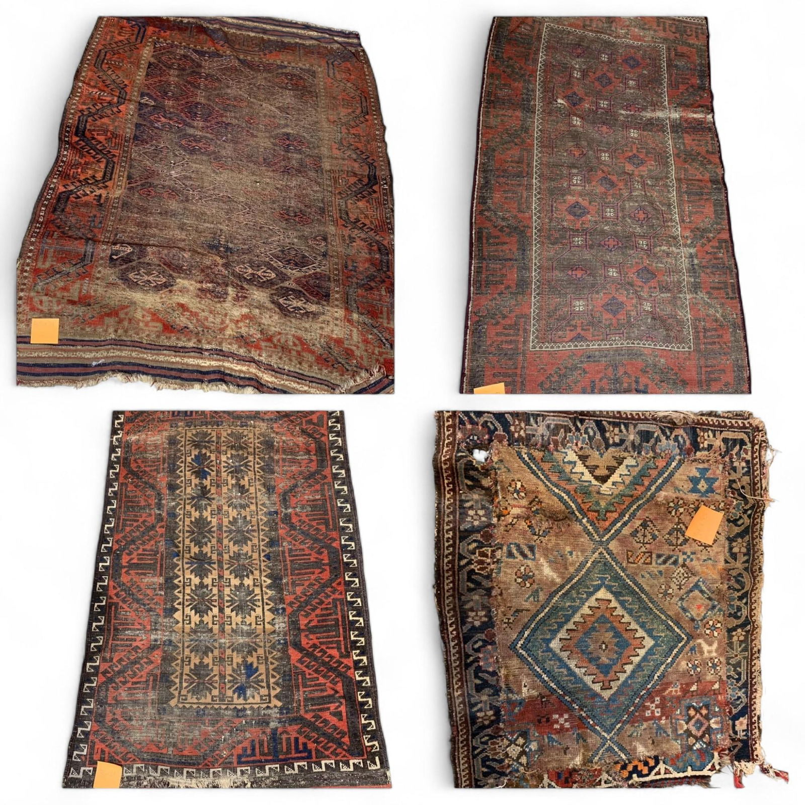 Antique Hand-Knotted Tribal Area Rugs Lot - Multi-Color, Geometric Patterns, Vintage Wool: This collection features several distinctive antique hand-knotted tribal rugs. These rugs display rich multi-color palettes of reds, blues, browns, and beige, with various geometric and tribal pattern