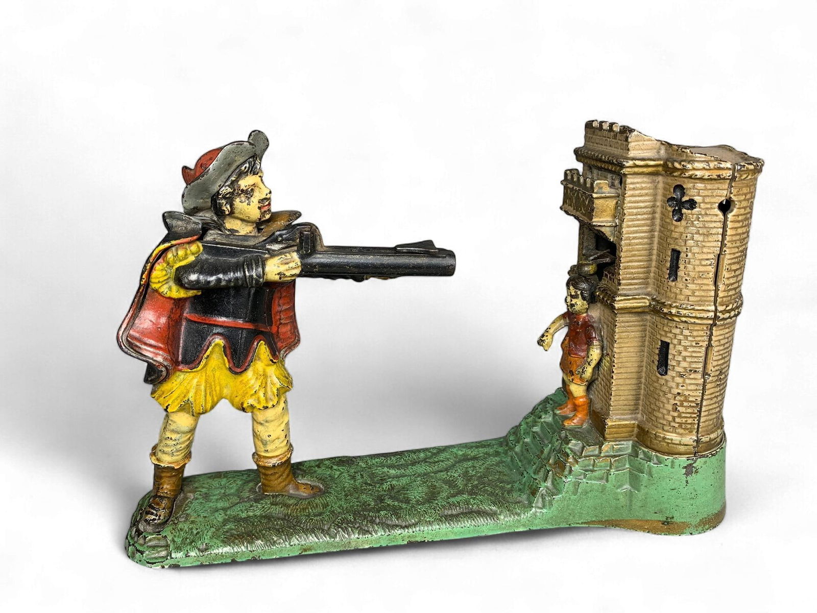 J.E. Stevens 'William Tell' Cast Iron Mechanical Bank, Patented 1896: A J.E. Stevens 'William Tell' cast iron mechanical bank, patented June 23, 1896. This antique coin bank is crafted from painted cast iron, depicting a figure in period attire, aiming a rifle towards a