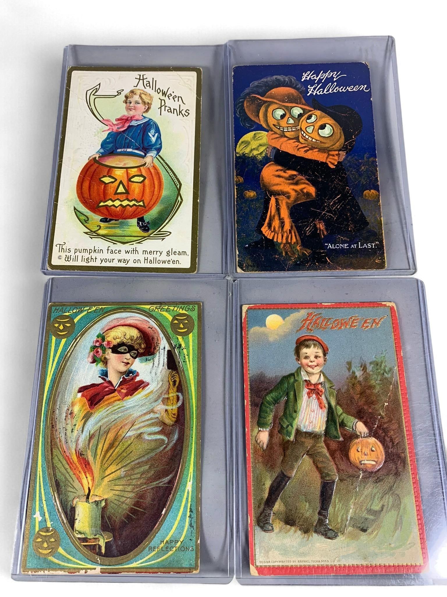 A Group of Early 20th-Century Vintage Halloween Postcards: A Group of early 20th-century vintage Halloween postcards, crafted from cardstock and featuring festive, colorful illustrations typically depicting children with jack-o'-lanterns or anthropomorphic pu