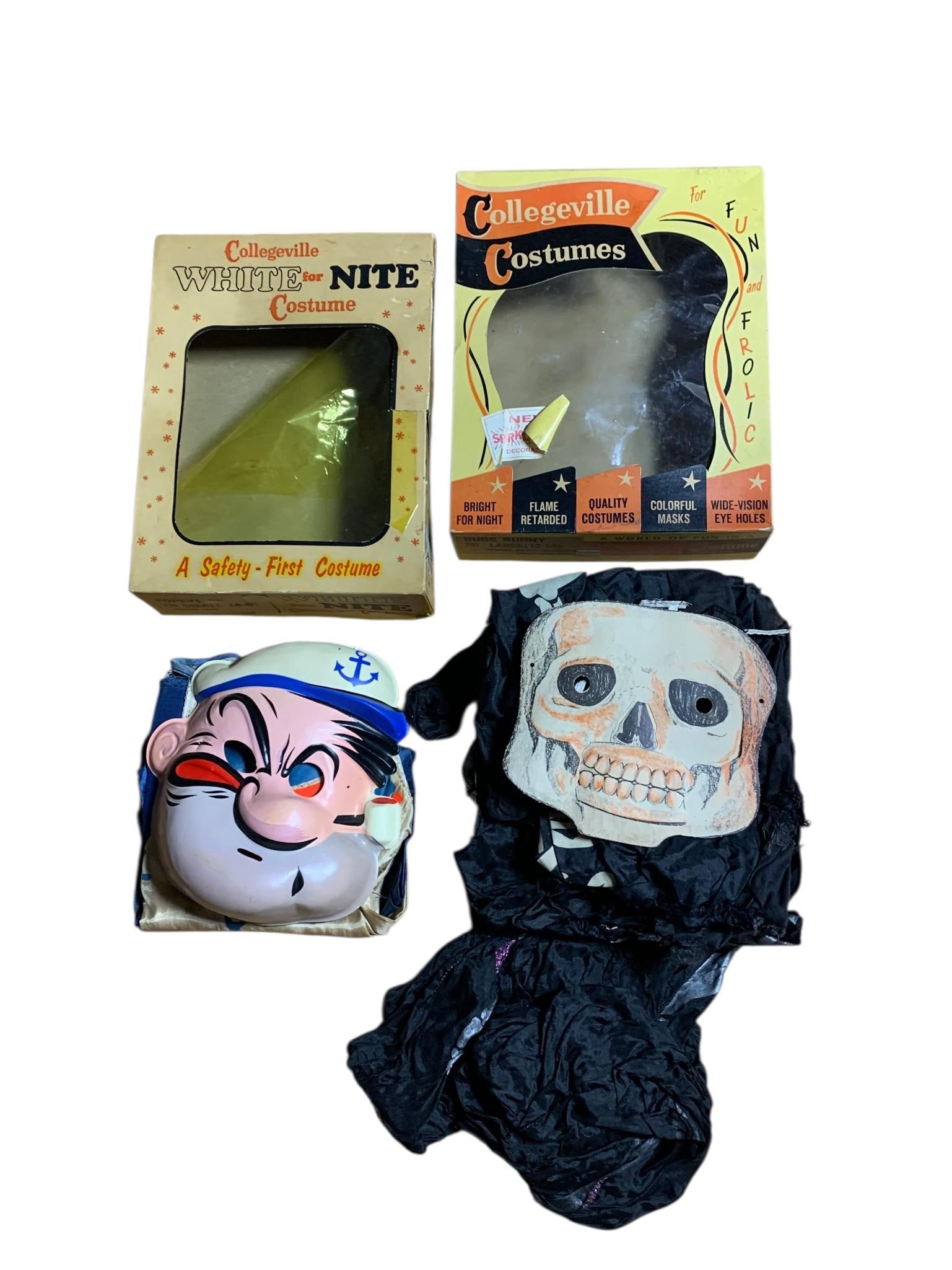 A Pair of Vintage Collegeville Halloween Costumes and Masks: A pair of vintage Halloween costumes and masks, primarily manufactured by Collegeville Costumes, dating to the mid-20th century. The lot includes a Popeye costume, identified by its "Collegeville WHIT