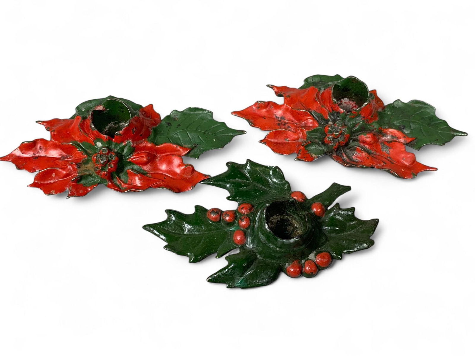 Three 1920s Cast Iron Christmas Poinsettia and Holly Candle Holders, Pat. 1922 (1 of 7)