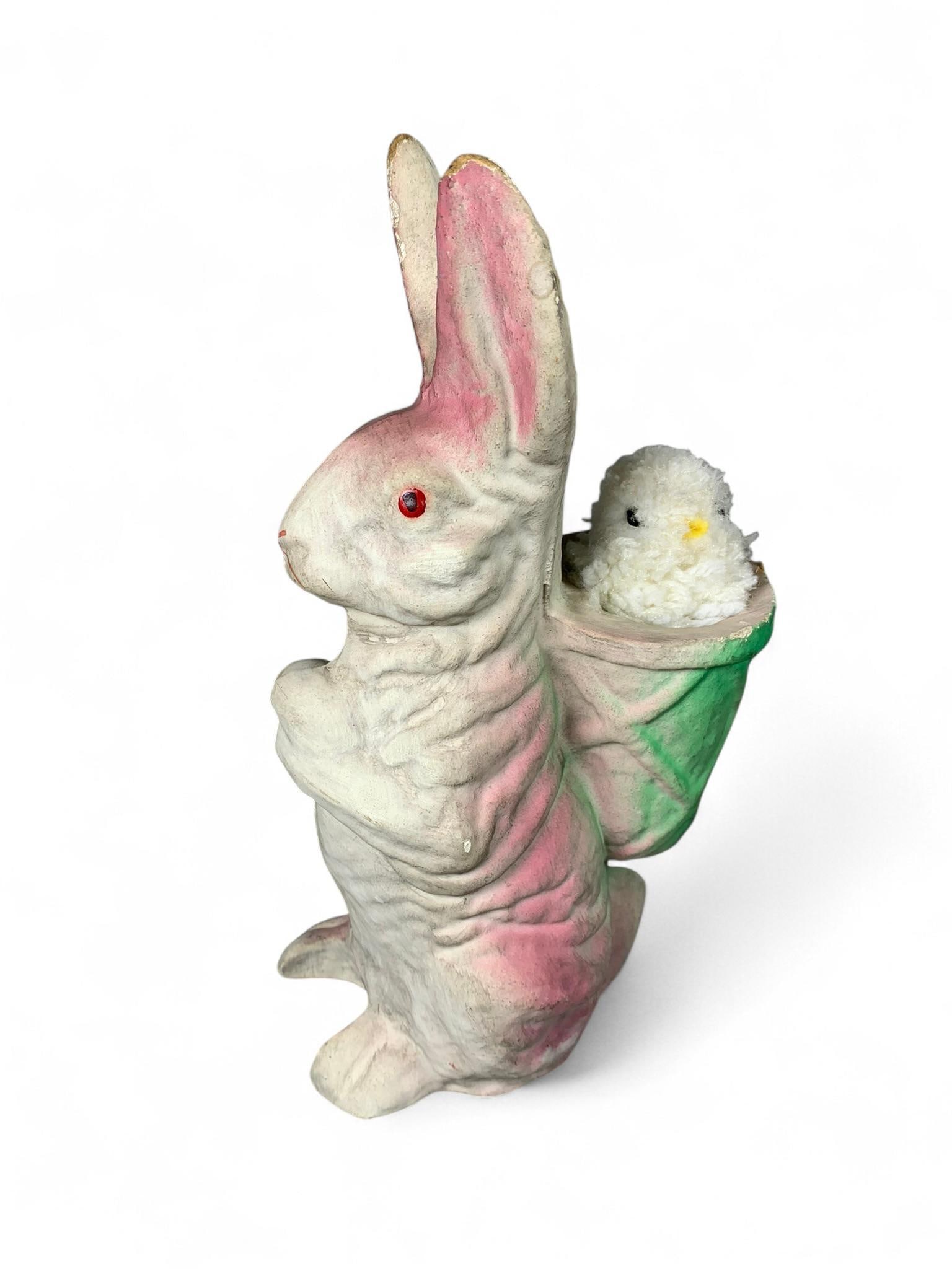 A Vintage Papier-Mache Easter Bunny Rabbit Candy Container with Chick (1 of 7)