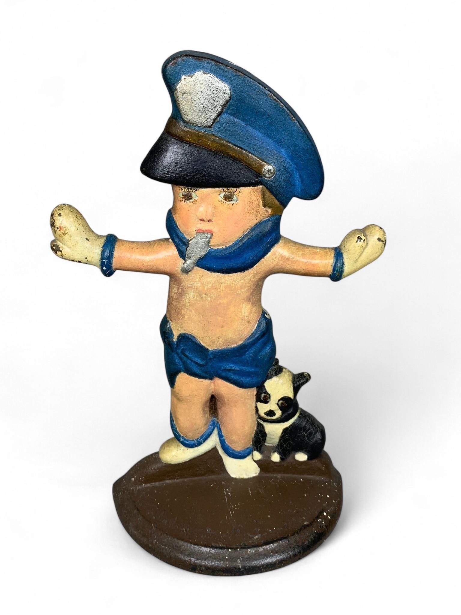 American Cast Iron Figural Doorstop, Police Officer with Dog Kewpie Cop (1 of 9)
