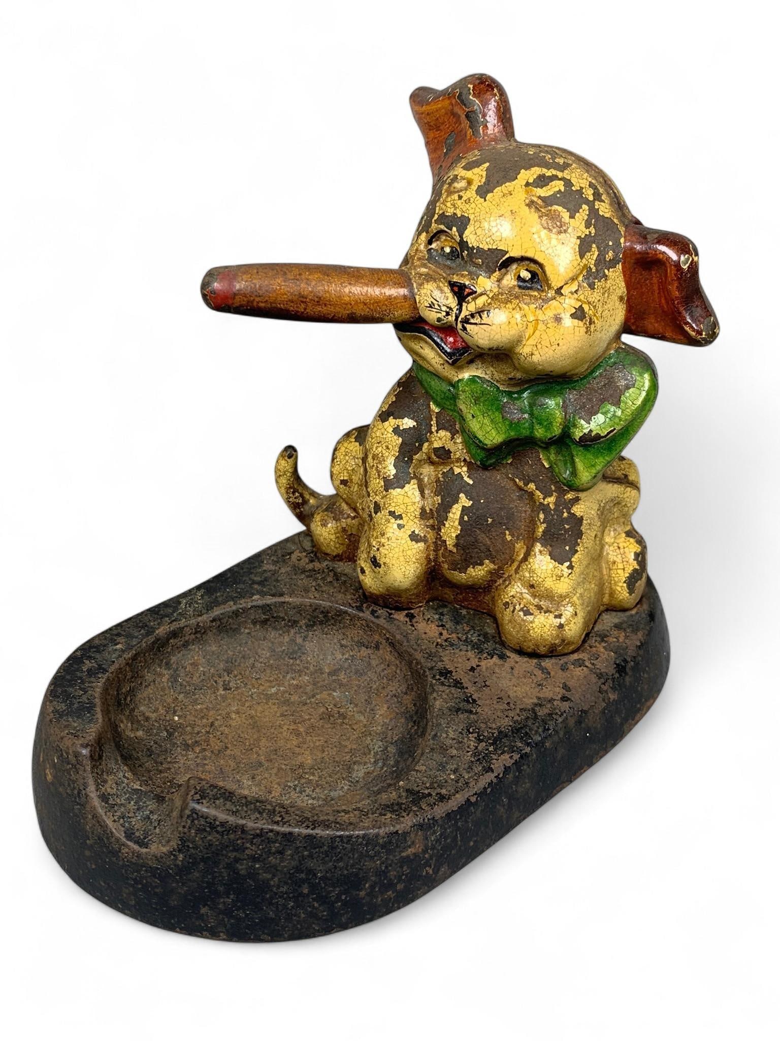Early 20th Century Hubley Polychrome Cast Iron Dog Smoking Cigar Ashtray (1 of 6)