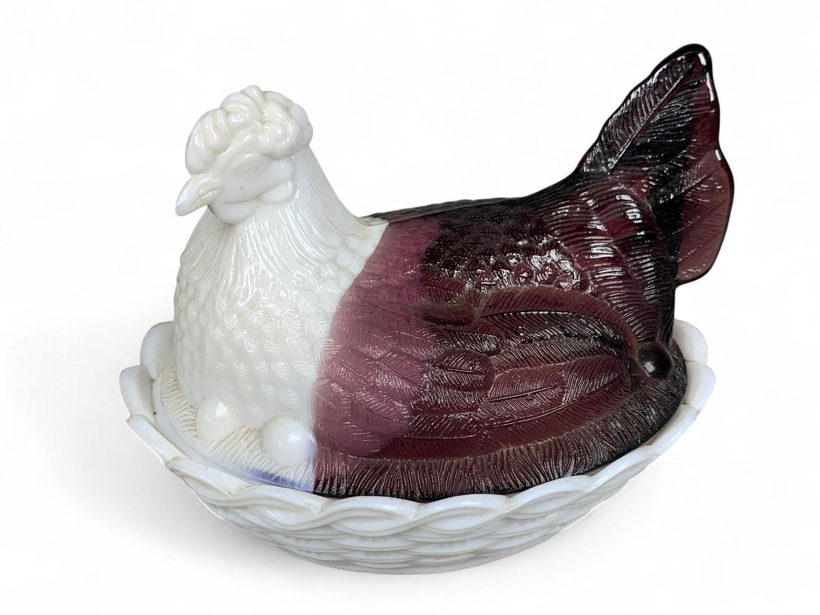 L.G. Wright Amethyst and White Slag Glass Hen on Nest Covered Dish (1 of 11)