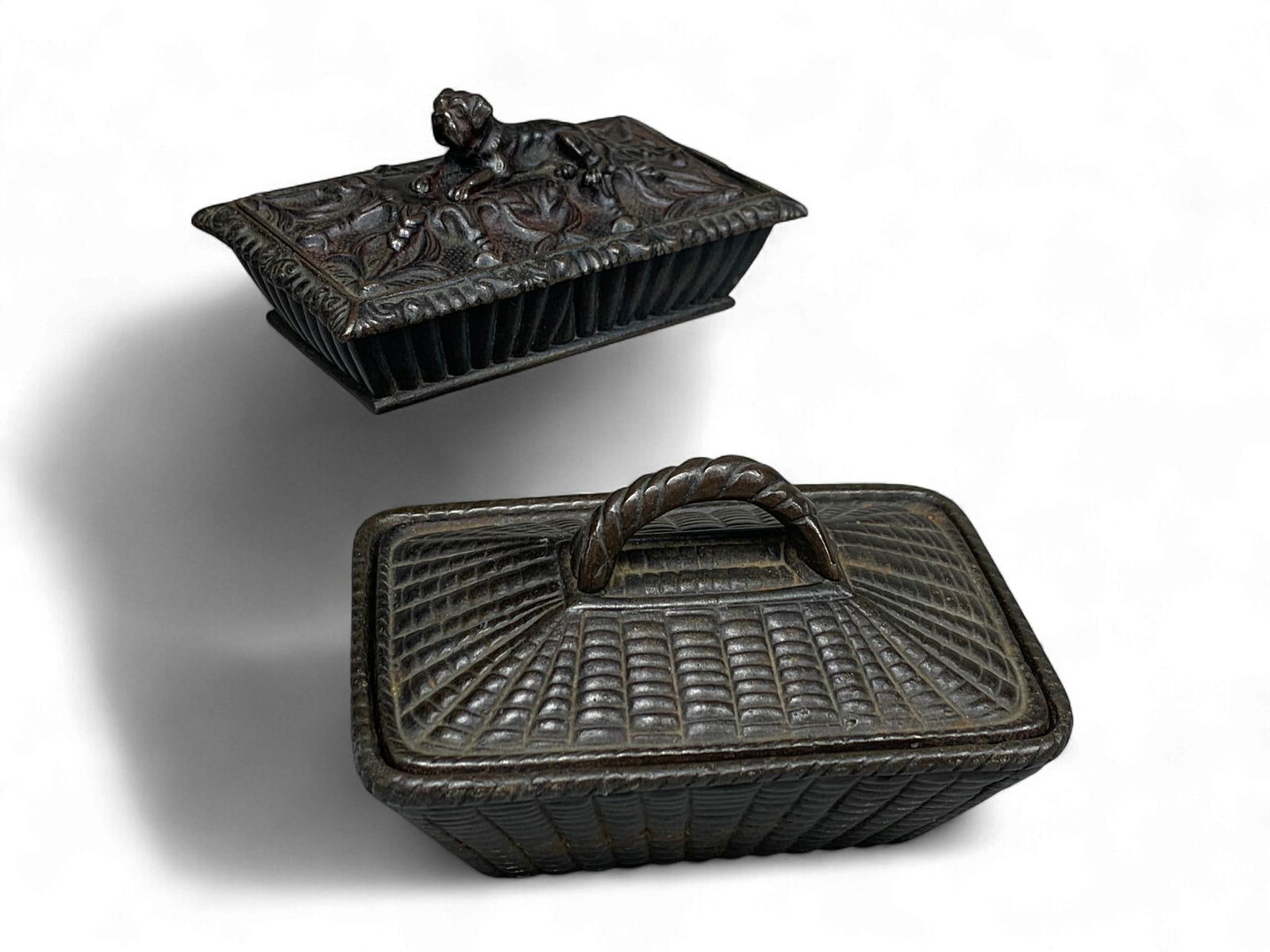 A Group of Antique Cast Iron Lidded Boxes, one with Dog Finial, one Basket-Weave (1 of 12)