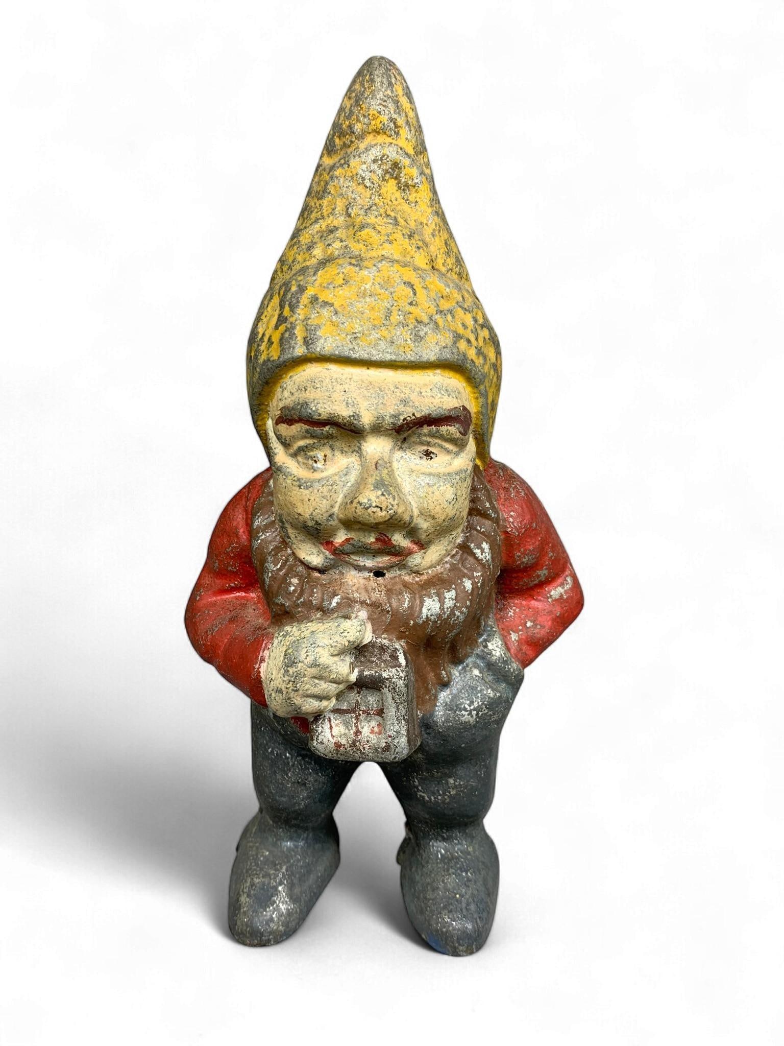 Painted Cast Iron Figural Coin Bank, Gnome/Dwarf Holding a Mug (1 of 9)