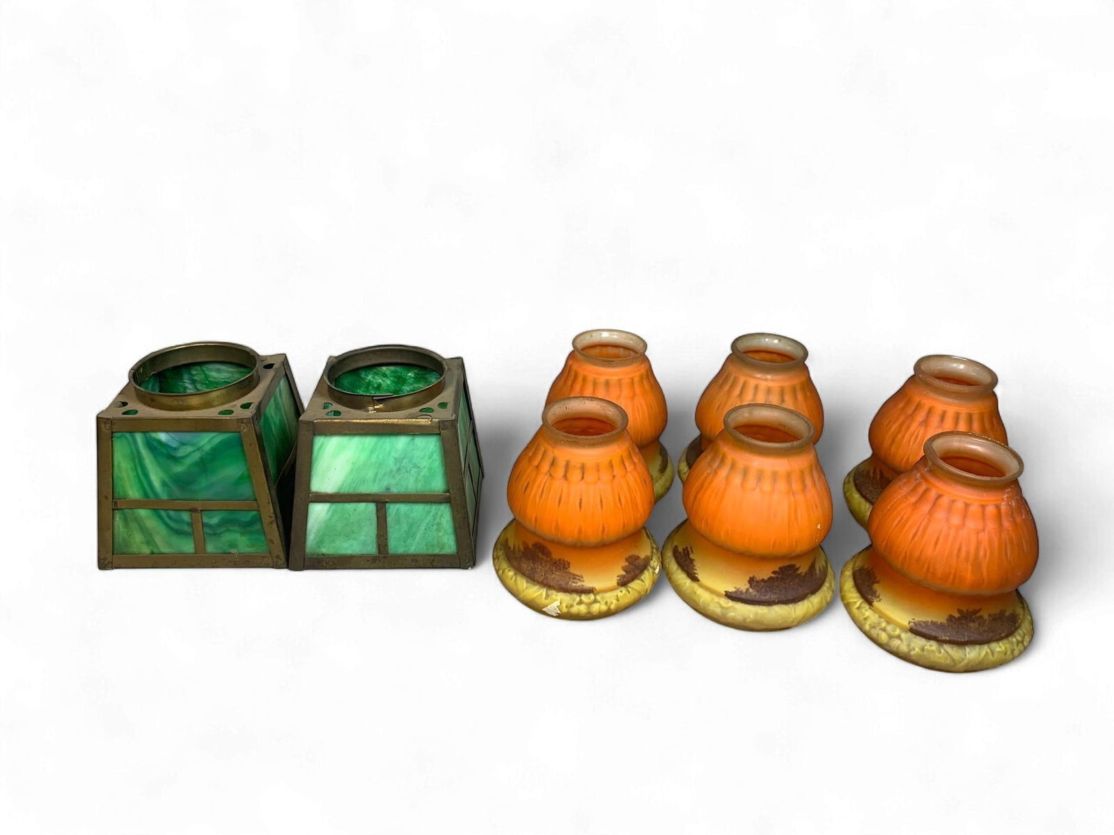 A Group of Arts and Crafts Slag Glass Lamp Shades and a Set of Reverse Painted Frosted Art Glass Lam (1 of 7)