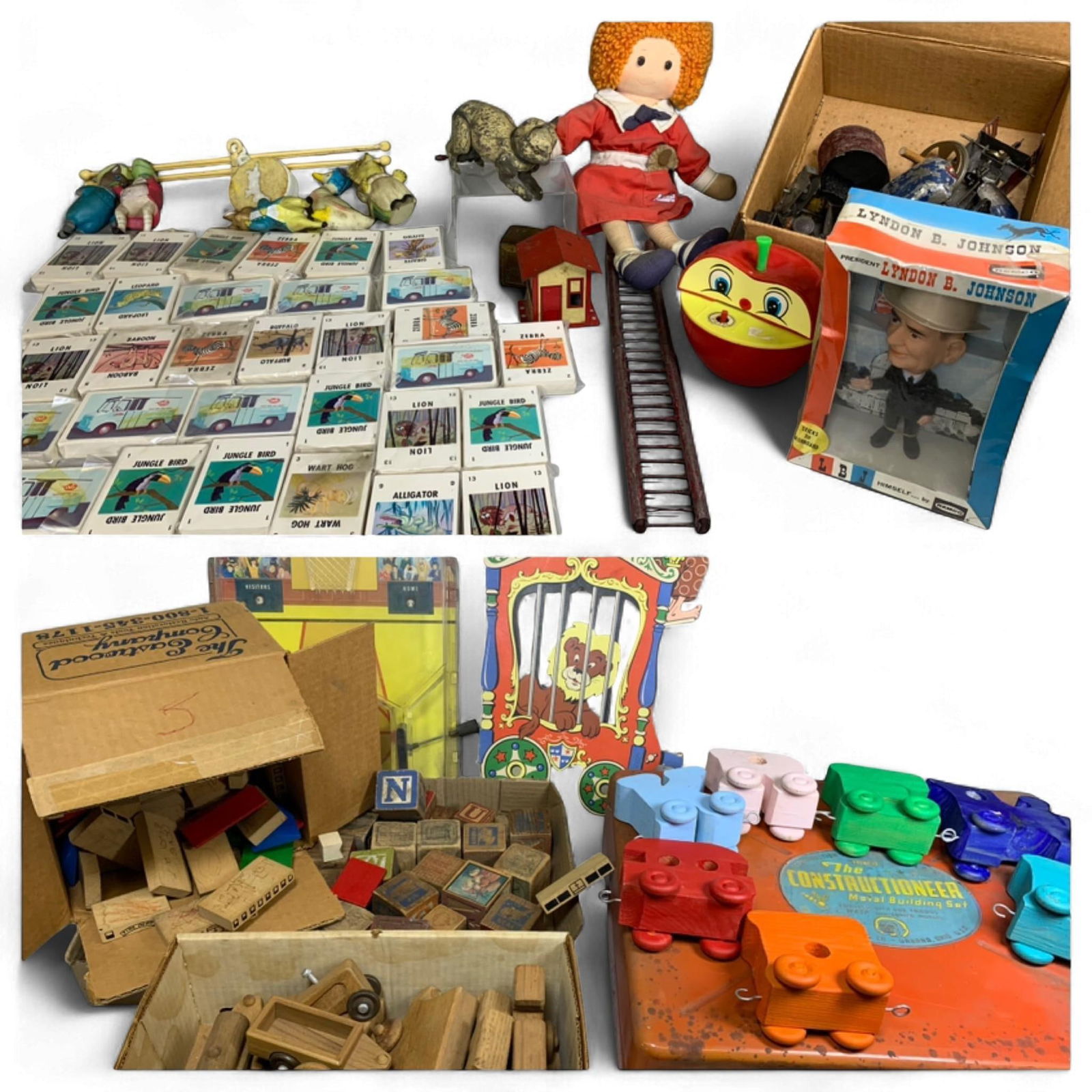 Vintage Apple Worm Wind-Up Bank, Remco Lyndon B. Johnson Bobblehead, Constructioneer Metal Building  (1 of 20)