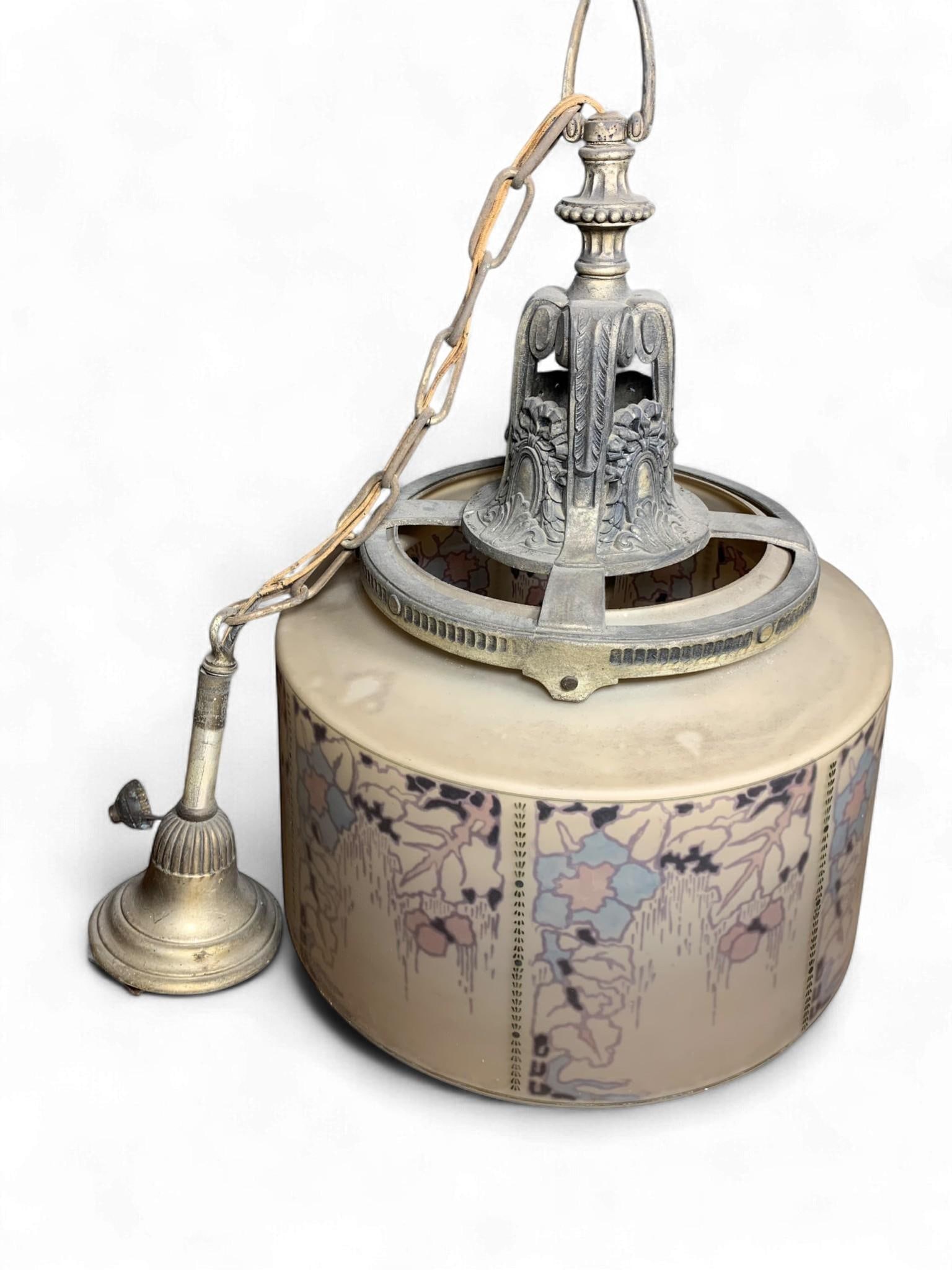 An Early 20th Century Art Nouveau / Arts & Crafts Reverse Painted Glass Ceiling Light Fixture (1 of 11)