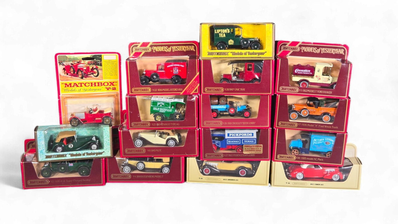 A Collection of Matchbox 'Models of Yesteryear' diecast Vehicles, including 1935 Auburn 851: A collection of Matchbox 'Models of Yesteryear' diecast scale models, primarily replicating vintage cars, lorries, and vans from the early 20th century, with specific vehicle years ranging from 1907 t