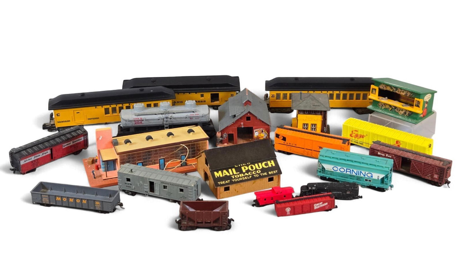 A Collection of HO and S Scale Model Railroad Rolling Stock and Structures, including a Mail Pouch T (1 of 20)