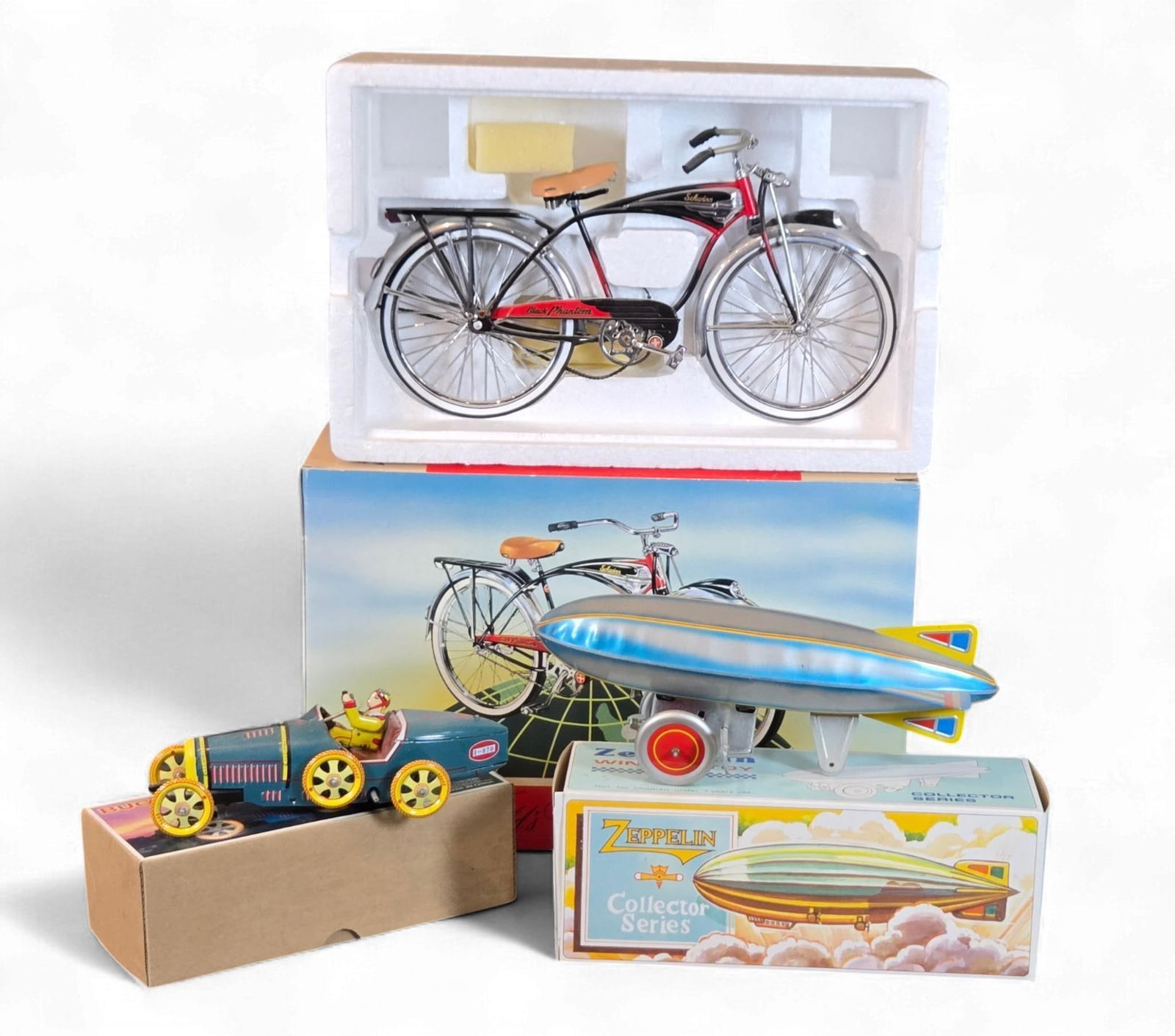 A Group of Reproduction Collector Toys: A Paya Bugatti T-35 Racer, a Schwinn Black Phantom Bicycle,  (1 of 16)