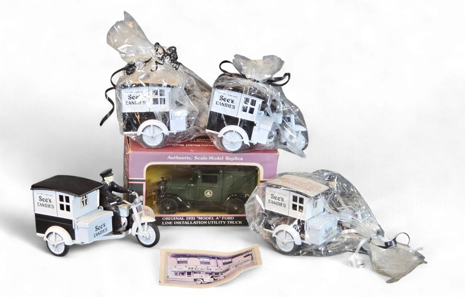 A Group of See's Candies diecast and Plastic Motorcycle and Sidecar Models, 70th Anniversary Series, (1 of 14)