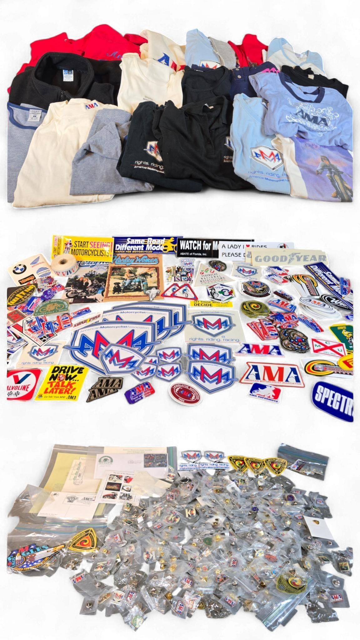 A Collection of American Motorcyclist Association (AMA) and Related Motorcycle Merchandise, Late 20t: A comprehensive collection of American Motorcyclist Association (AMA) and related motorcycle-themed merchandise from the late 20th to early 21st century. The lot includes a diverse range of apparel su
