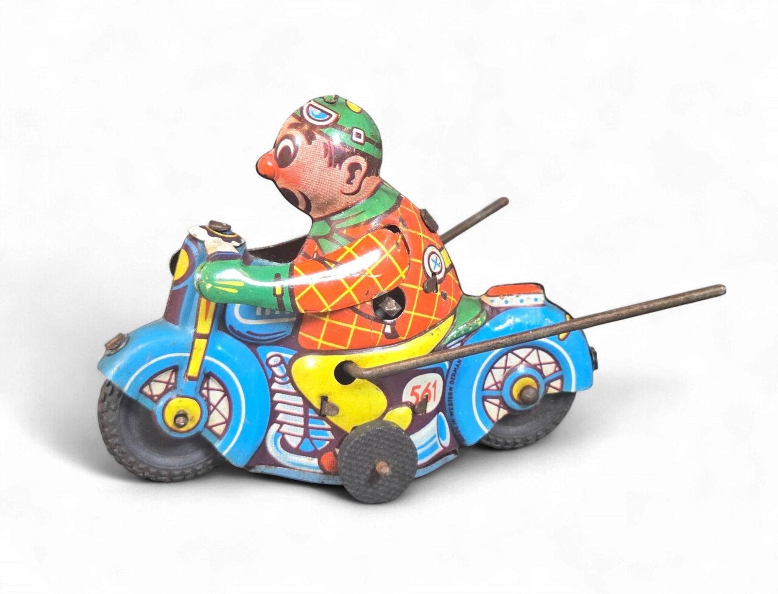 Huki #561 Tin Litho Wind-Up Clown Motorcycle Toy, Made in Western Germany (1 of 9)