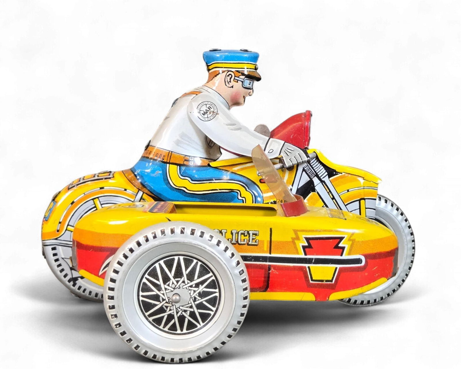 Marx Tin Litho Wind-Up Police Motorcycle with Sidecar, circa 1950s (1 of 7)