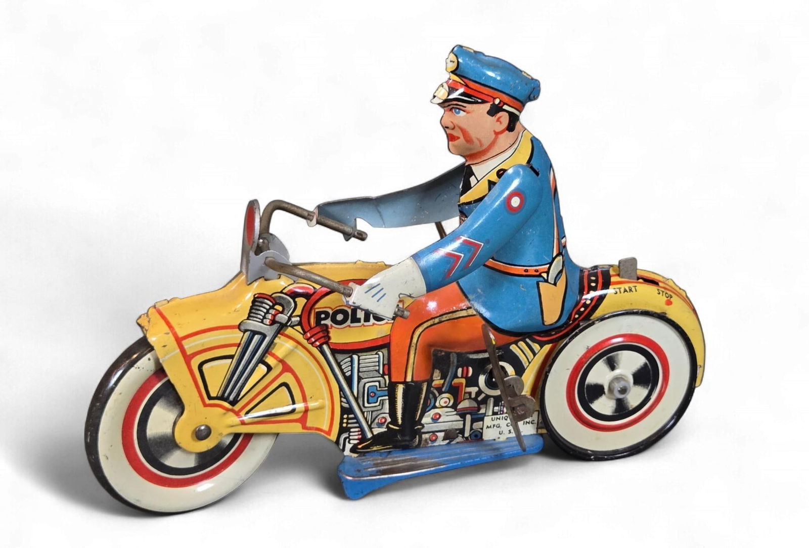 A Vintage Unique Art Manufacturing Co. Tin Lithograph Wind-Up Police Motorcycle Toy (1 of 8)