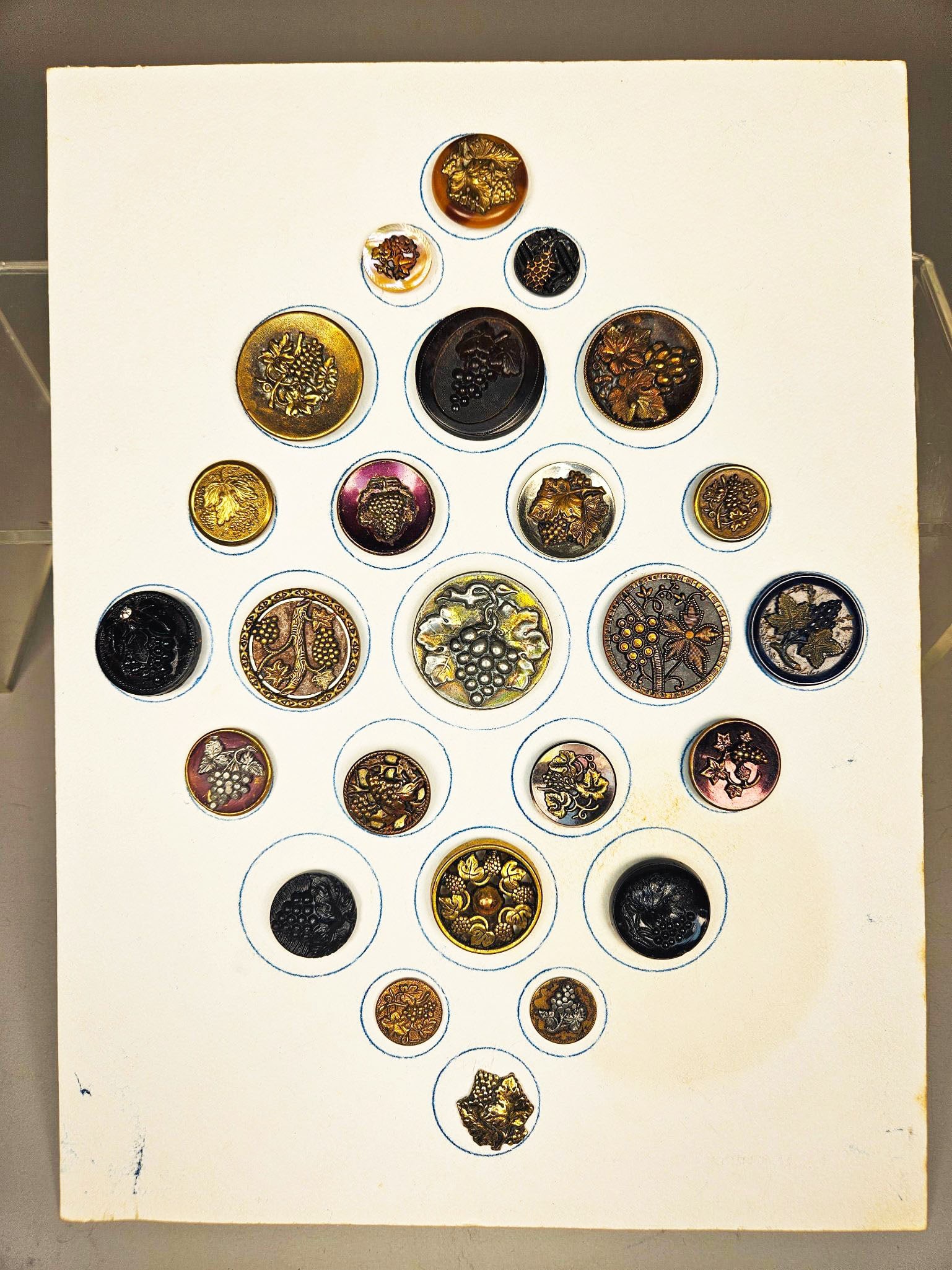 A Collection of Late 19th to Early 20th-Century Antique Buttons with Grape and Vine Motif: A group of diverse antique buttons, each prominently featuring a grape and vine motif. The designs vary from detailed naturalistic depictions to more stylized patterns. Materials include various metal