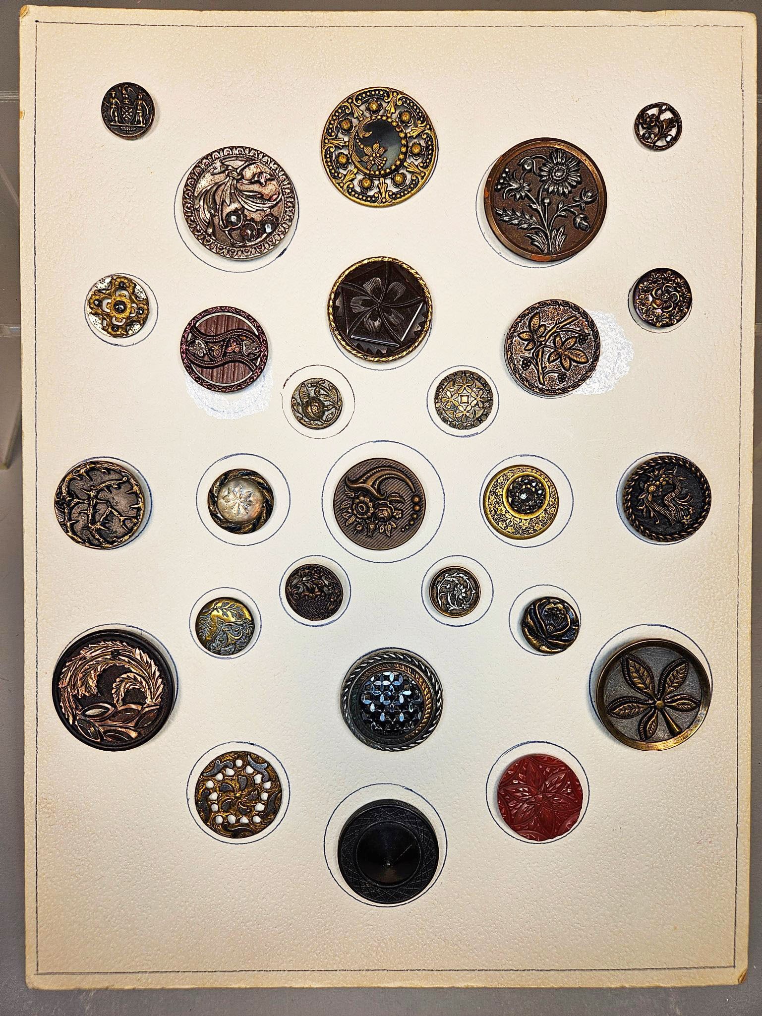 A Collection of Assorted Victorian and Art Nouveau Buttons, including Mother-of-Pearl, Metal, and (1 of 19)