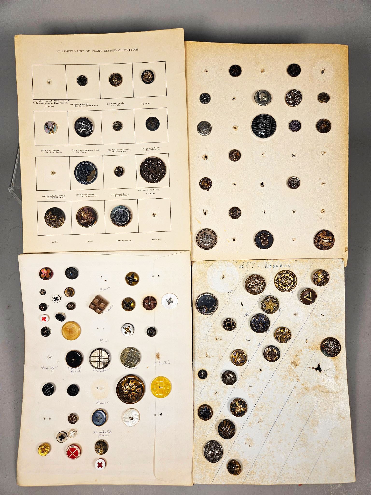 A Collection of Antique and Vintage Buttons, including Art Nouveau and Botanical Motifs, on Archival: A collection of predominantly antique and vintage buttons displayed across four archival-style cardstock pages. The buttons, largely round but with some varied shapes, are crafted from an array of mat