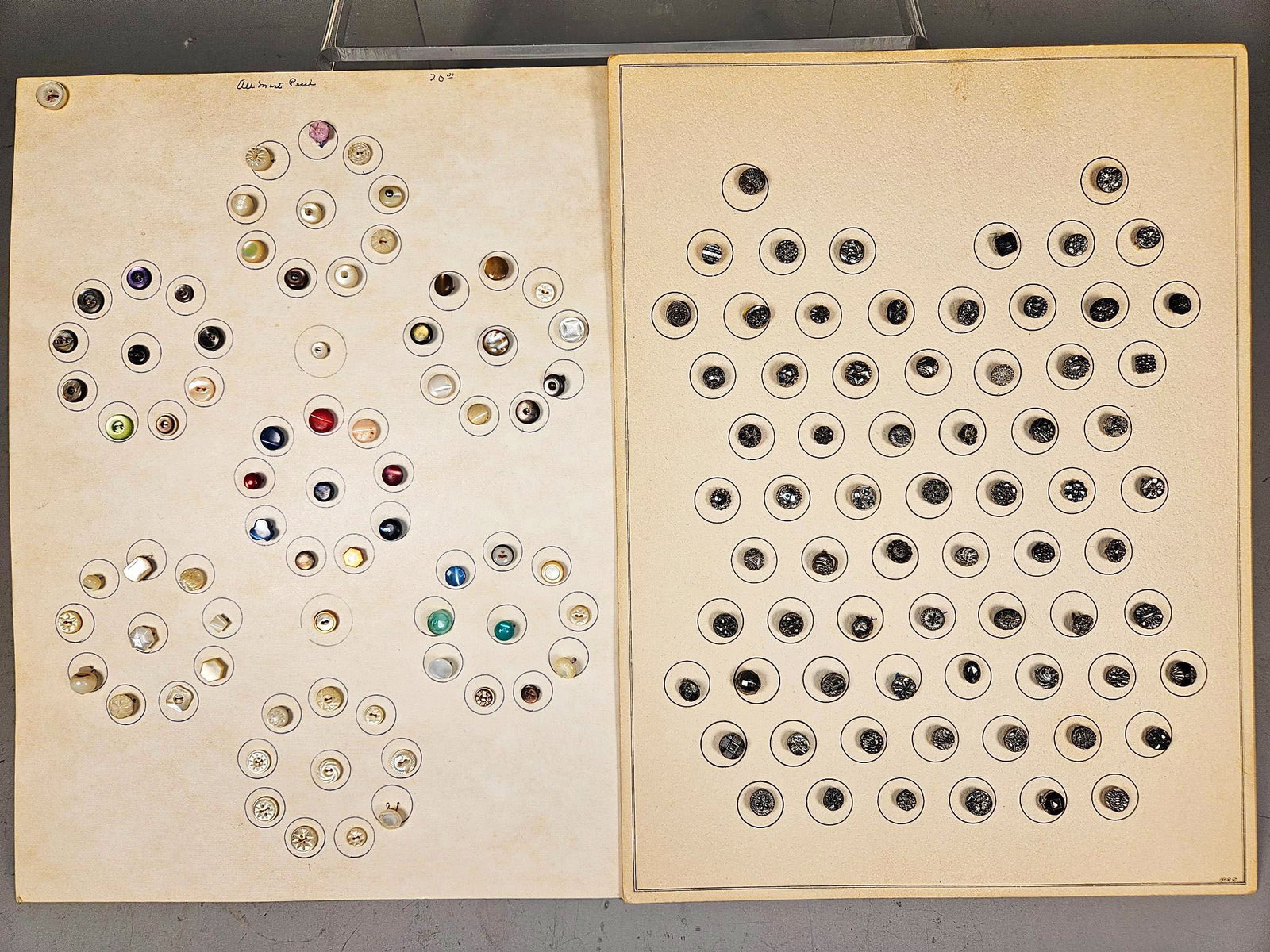 Large Group of Very Small Antique Buttons, stenciled aluminum: group of cards. Burns in-house shipping is available. Pick up is Saturday, Nov. 22, from 11 am to 2 pm at our gallery in Lancaster, Ohio 43130 or we will provide in-house shipping for this item. We wi