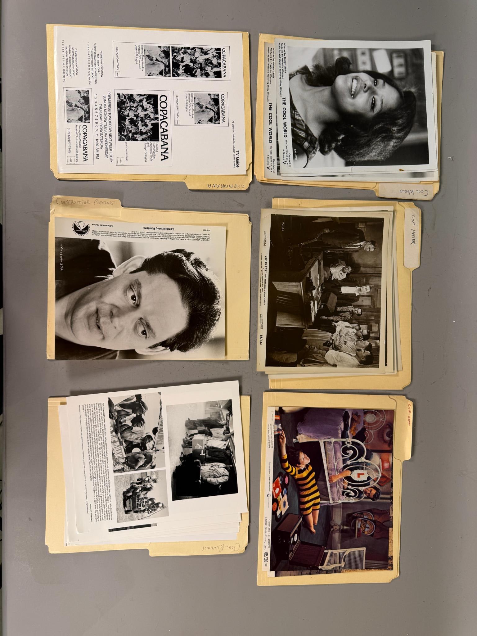 A Collection of Vintage Film and Television Publicity Stills and Ephemera, 1960s-1990s, including: A collection of vintage film and television publicity photographs and ephemera. This lot comprises numerous black and white and a few color photographic prints, alongside printed press sheets and ad s