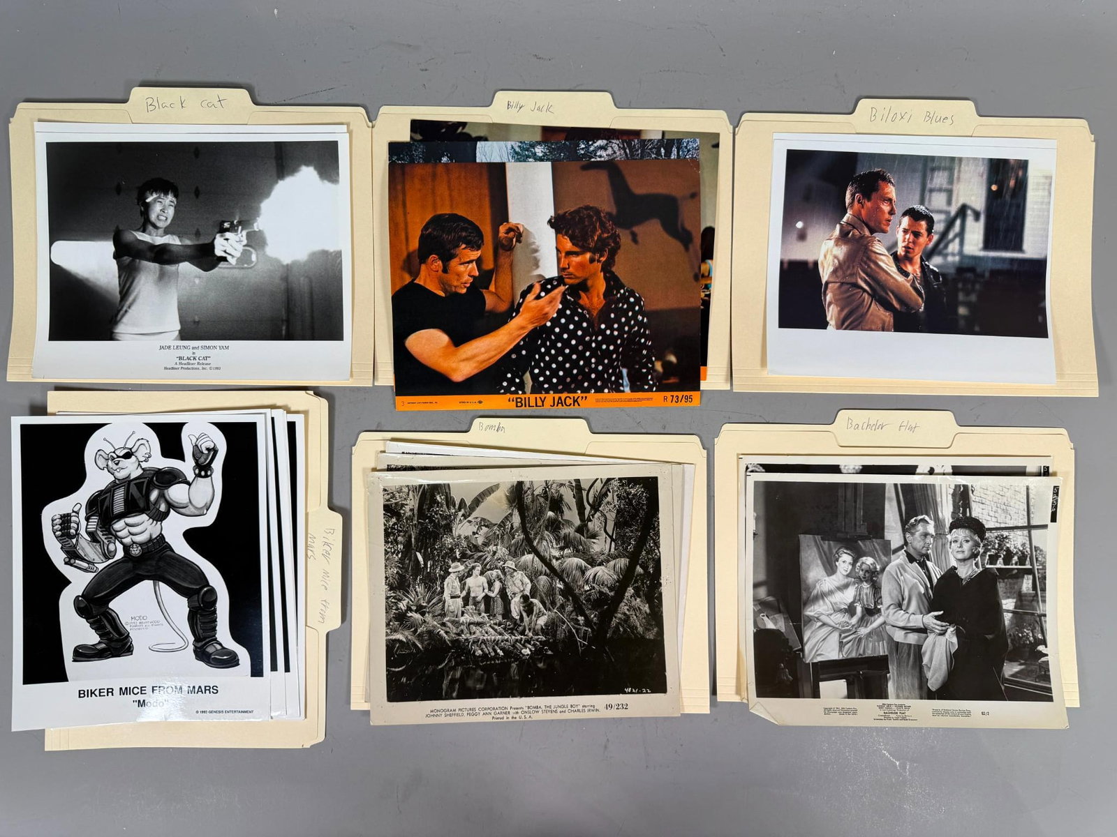 A Collection of Film and Television Promotional Stills and Character Sheets, including 'Black Cat,': A collection of approximately two dozen vintage and contemporary photographic prints and promotional stills, along with illustrated character sheets, presented within group of manila file folders. The
