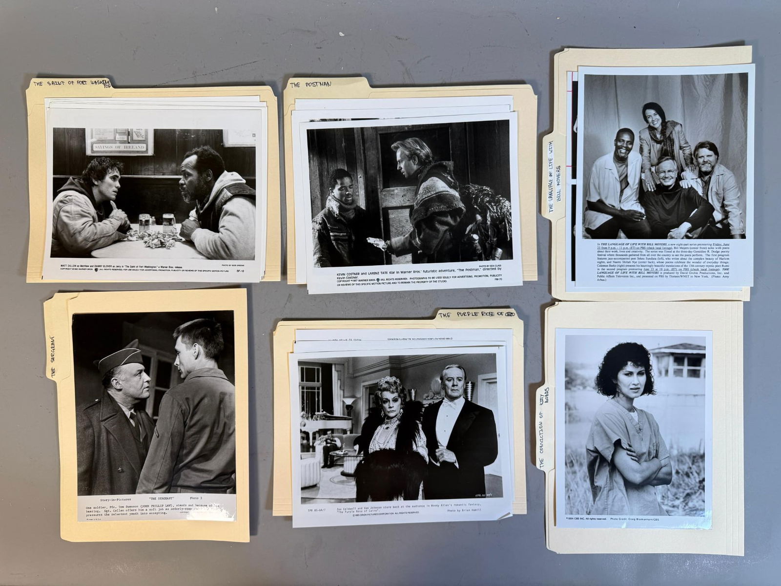A Collection of Vintage Silver Gelatin Film and Television Publicity Stills: A collection of vintage black and white silver gelatin photographic prints, primarily publicity stills, dating from approximately the mid-1960s to the late 1990s. The prints are housed within several