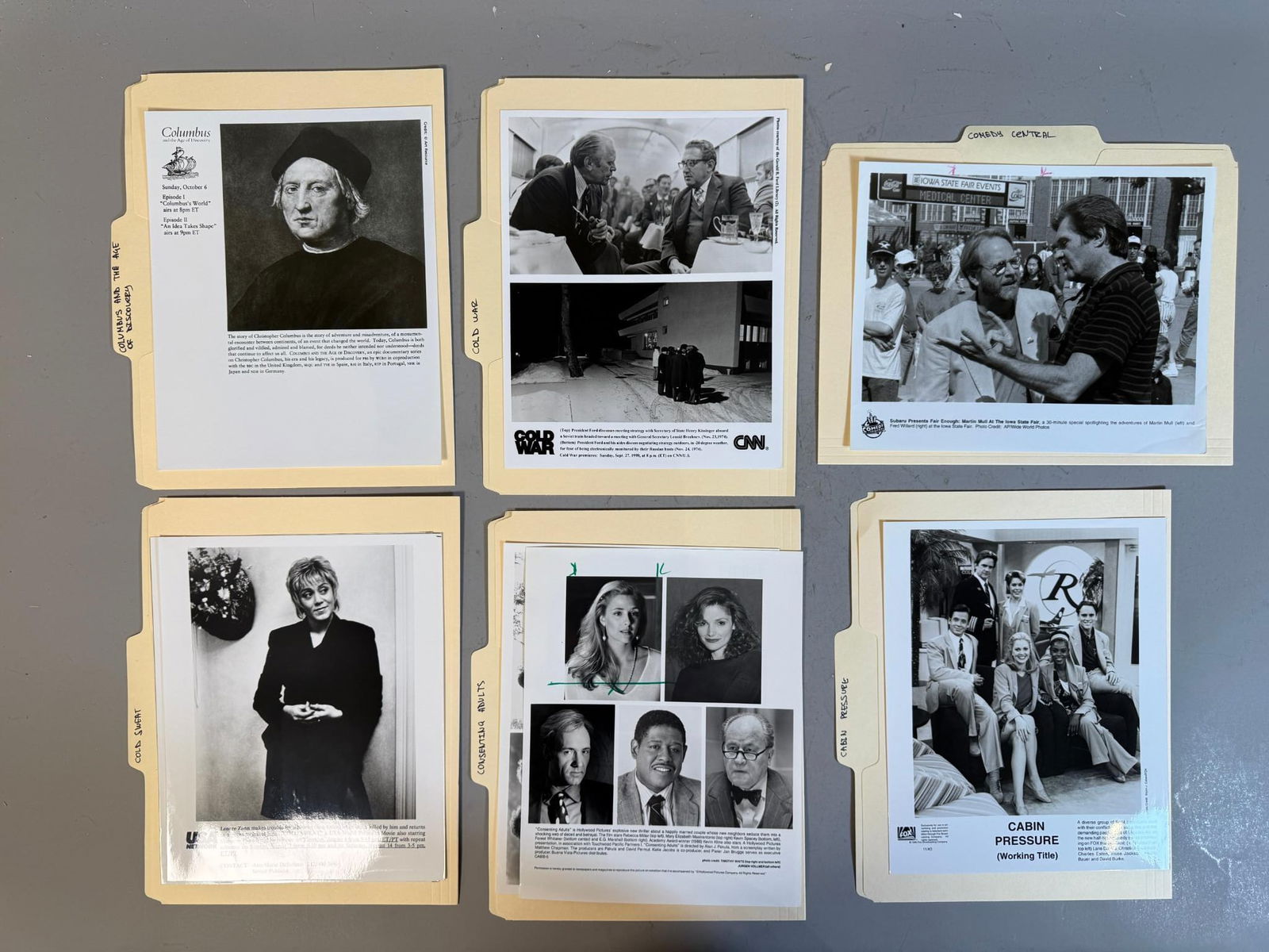 A Collection of Late 20th Century Press Photographs for Television and Film: A group of approximately ten vintage black and white glossy press photographs, primarily 8x10 inches, dating to the late 20th century, likely the 1990s. The photographs are organized within group of y