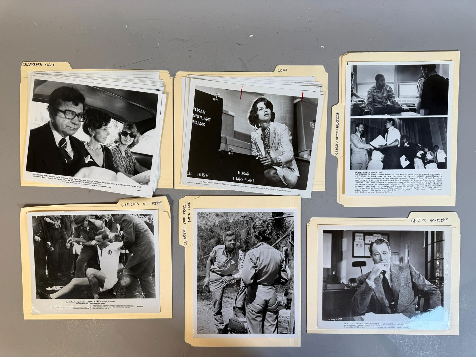 A Collection of Late 20th Century Film and Television Publicity Stills: This collection comprises numerous black-and-white glossy photographic press prints, likely silver gelatin, dating primarily from the 1970s and 1980s. The images serve as publicity stills or photojour
