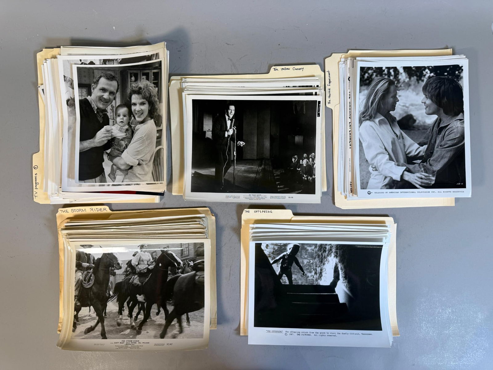 A Collection of Vintage Black and White Photographic Publicity Stills for Film and Television,: A collection of vintage black and white photographic publicity stills and accompanying printed text sheets, organized within manila file folders. The photographs depict scenes and cast members from va