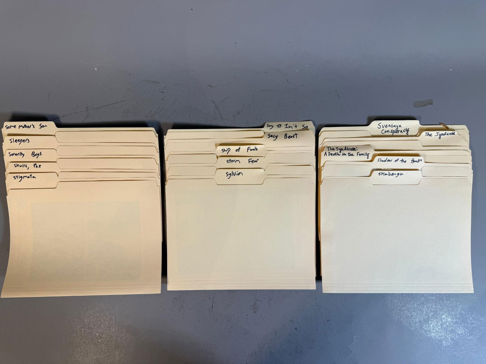 A Collection of Film and Television Archival Photographs and Publicity Materials: A collection of film and television archival materials, organized into numerous manila file folders. Each folder is tabbed and hand-labeled with various film or project titles, including "Some Mother'