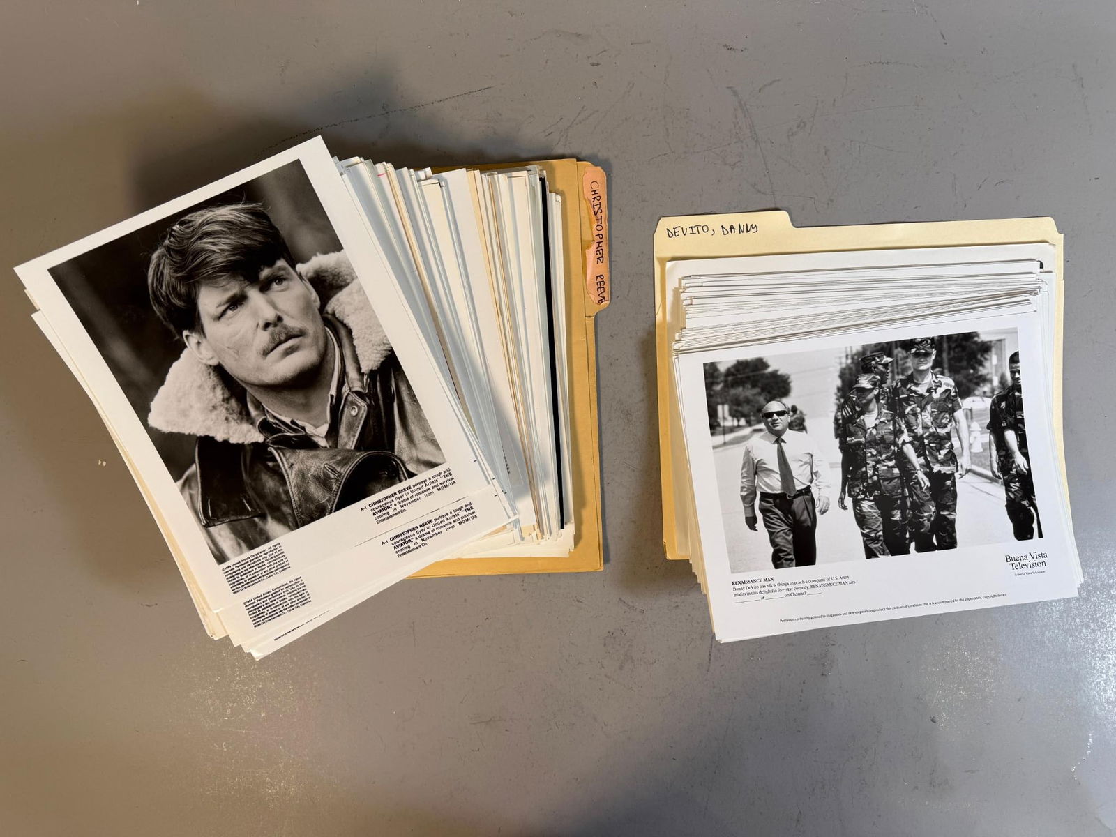 A Collection of Original 8x10 Press Photos and Movie Stills featuring Christopher Reeve and Danny: A collection of original black and white press photographs and movie stills, dating from the mid-1980s to early 1990s. The collection includes promotional images for films and television projects, fea