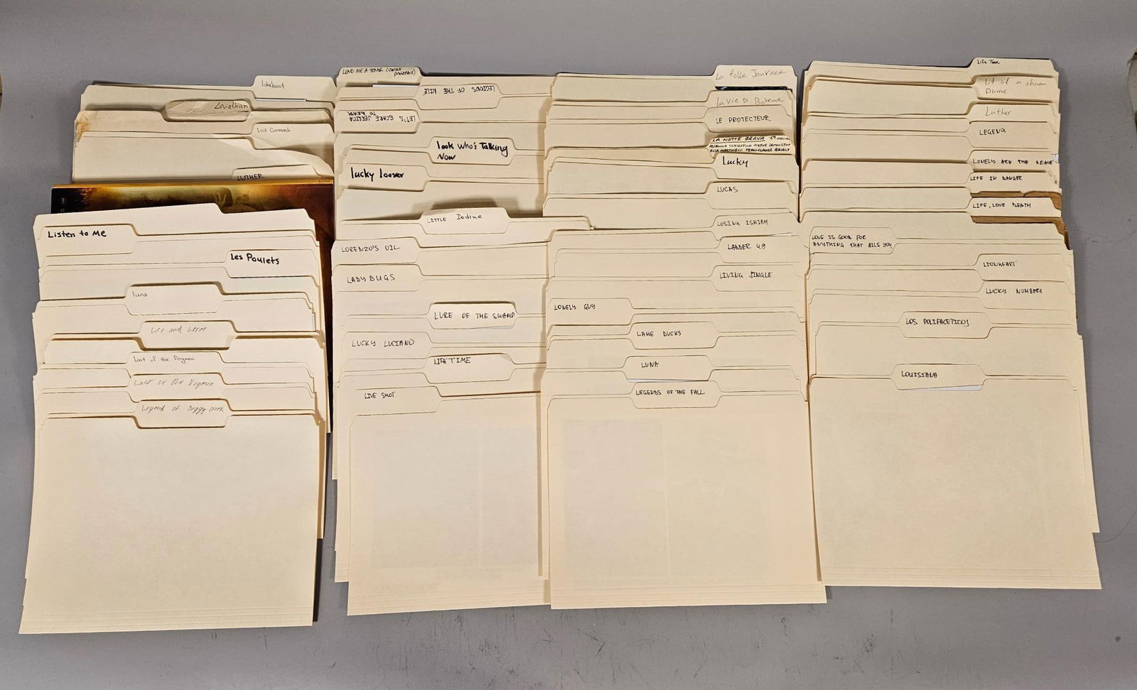 A Collection of Film and Television Production Publicity Stills and Ephemera, Mid-20th to Early 21st: A substantial collection of film and television production publicity materials, comprising numerous manila file folders meticulously organized in alphabetical order by hand-written titles. The folders