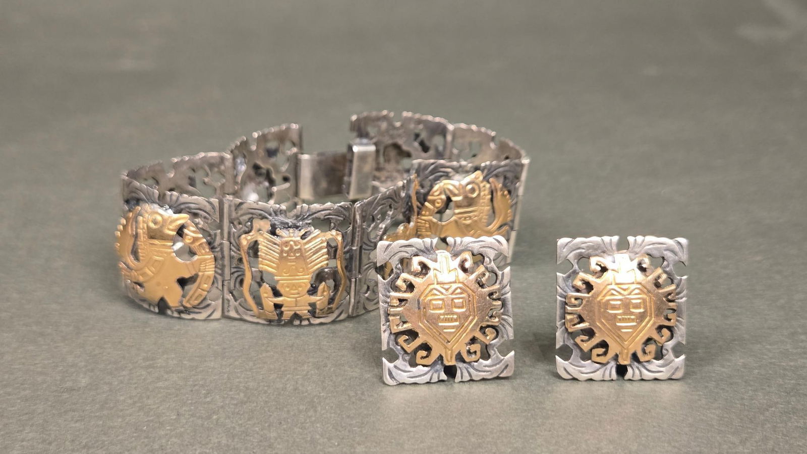 A Two-Tone 18K Gold and Sterling Silver Pre-Columbian Motif Necklace and Earrings Set (1 of 9)