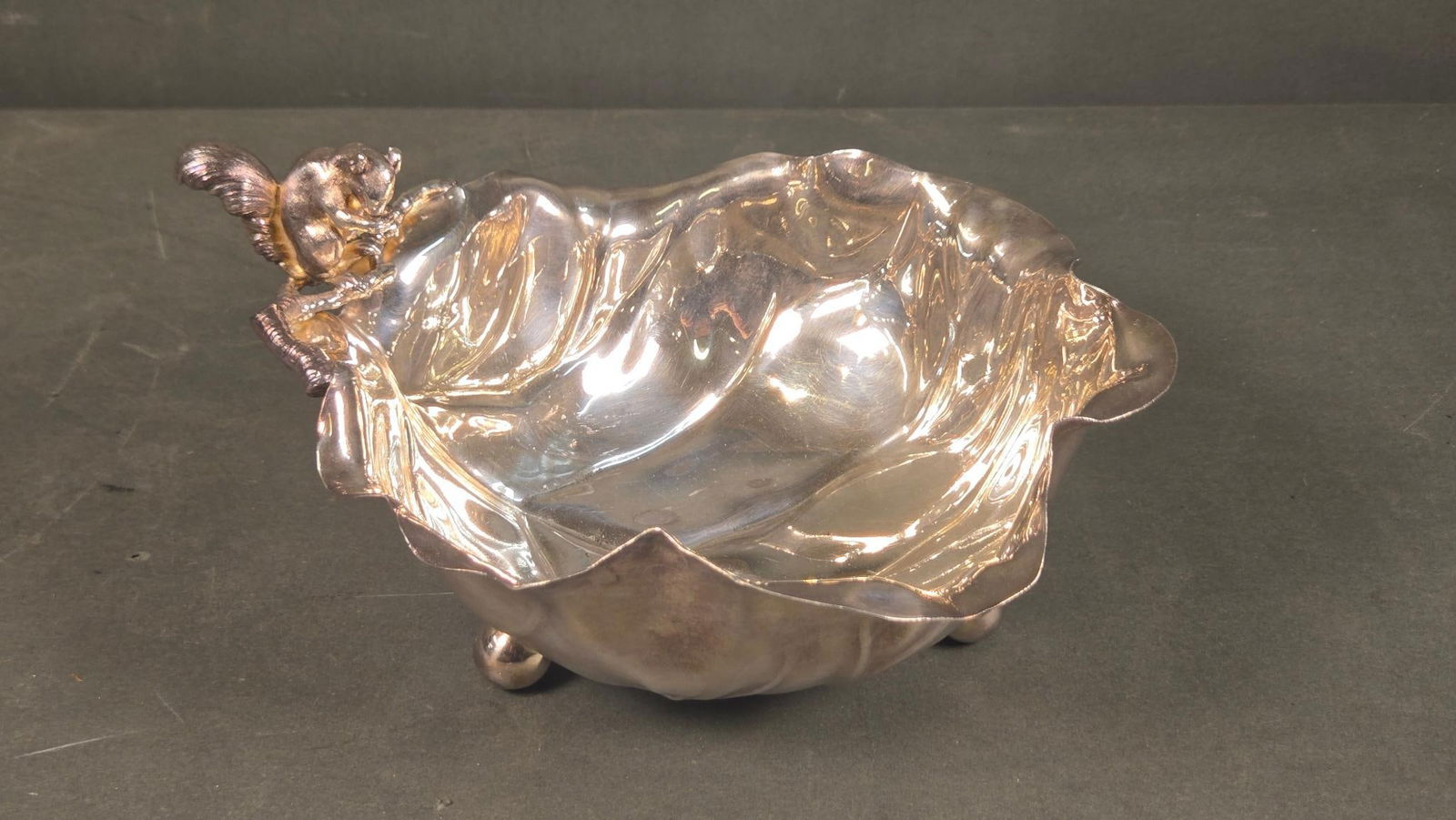 Antique Silver Leaf-Form Bowl with Squirrel (1 of 9)