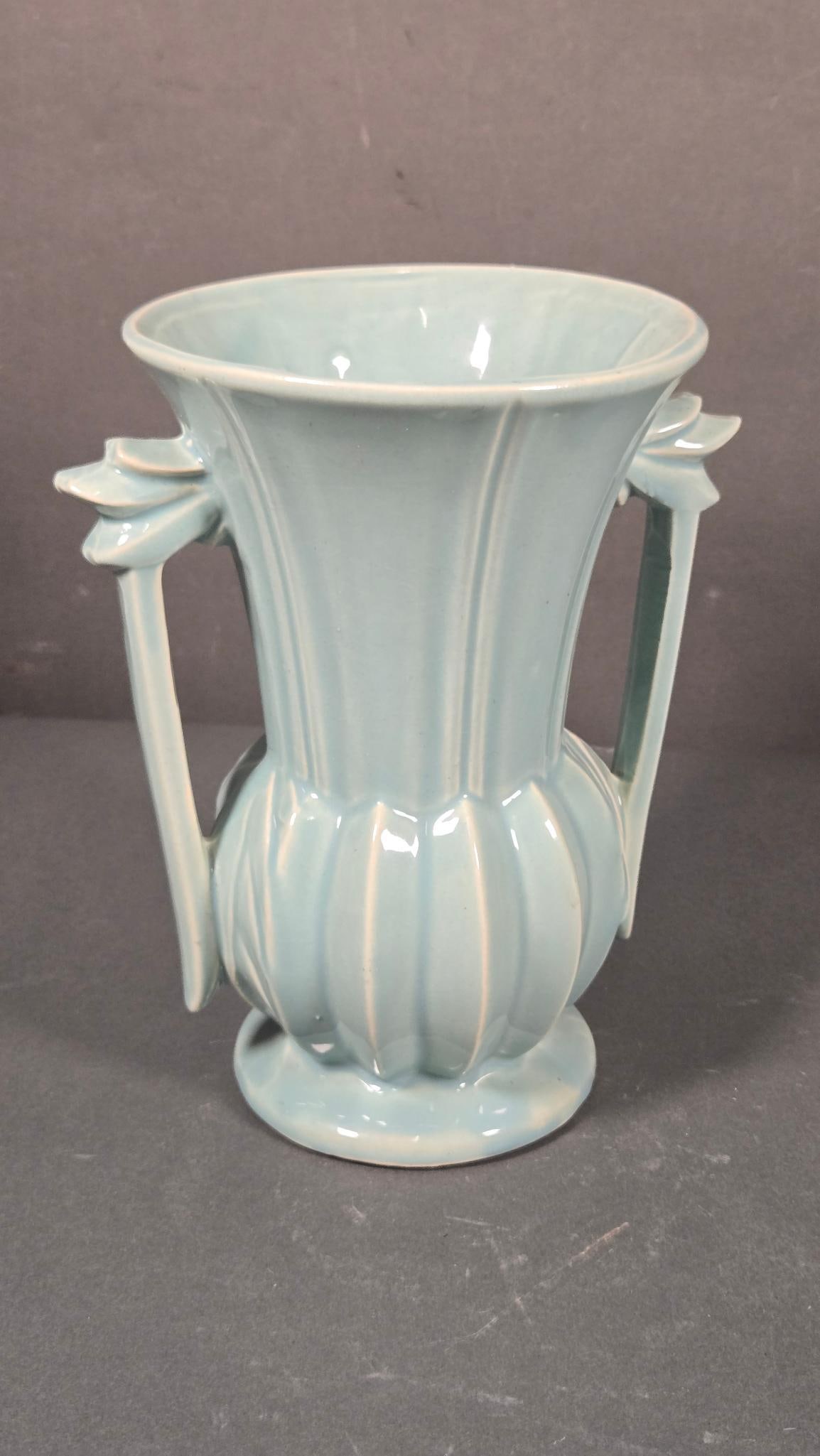 McCoy Pottery Art Deco Aqua Blue Double Handled Ribbed Vase (1 of 7)