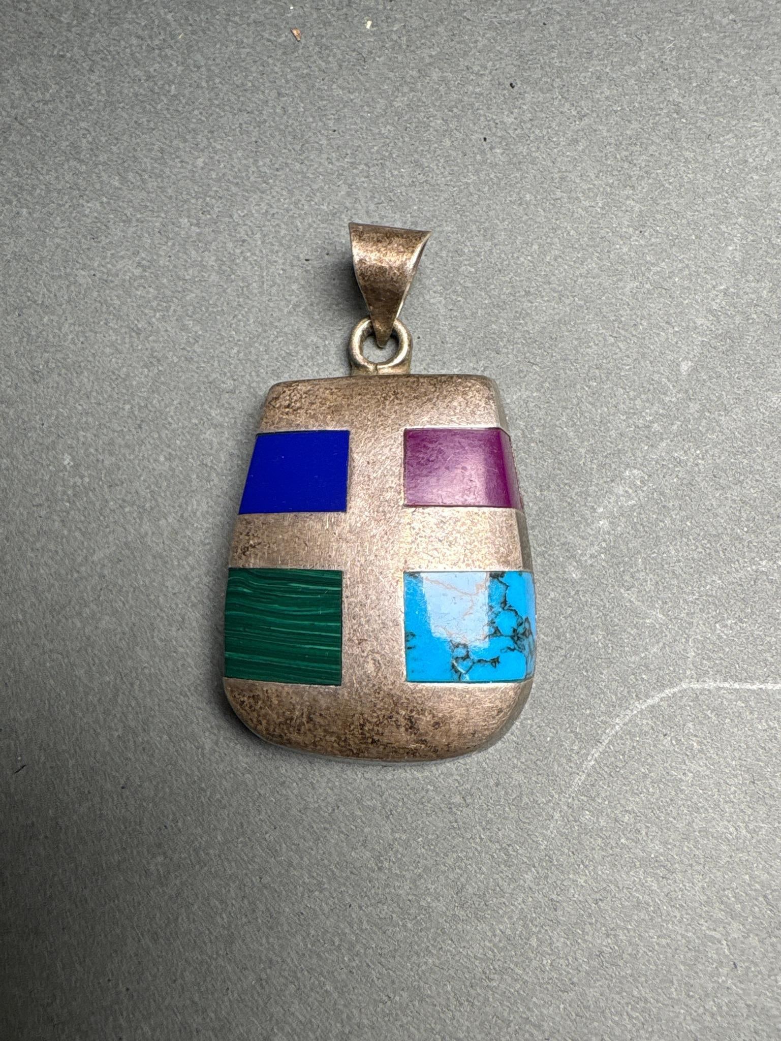 Mexican ATI Sterling Silver and Multi-Stone Inlay Pendant (1 of 3)