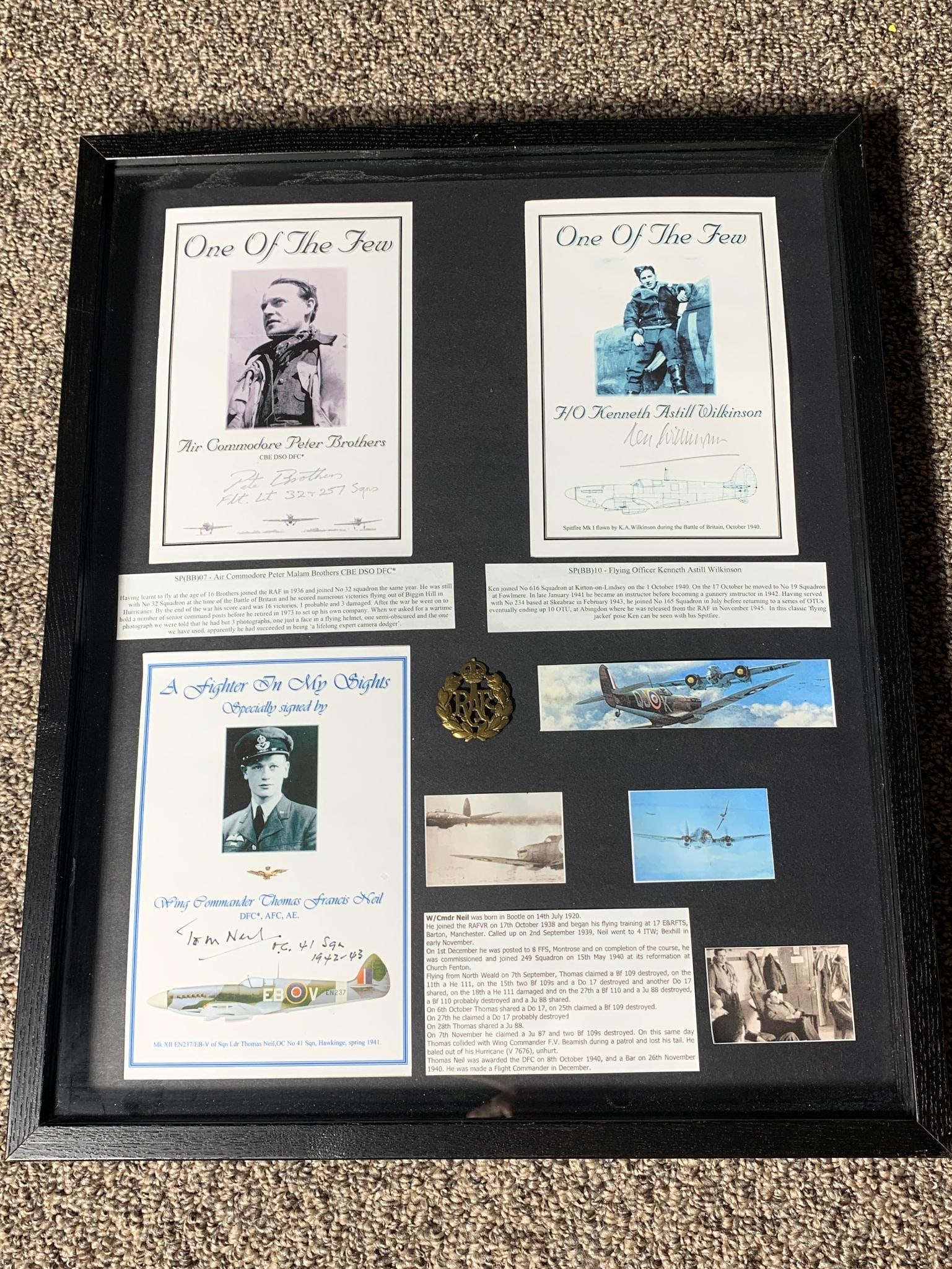 A Framed World War II Royal Air Force Commemorative Display with Signed Pilot Portraits and RAF Cap (1 of 13)