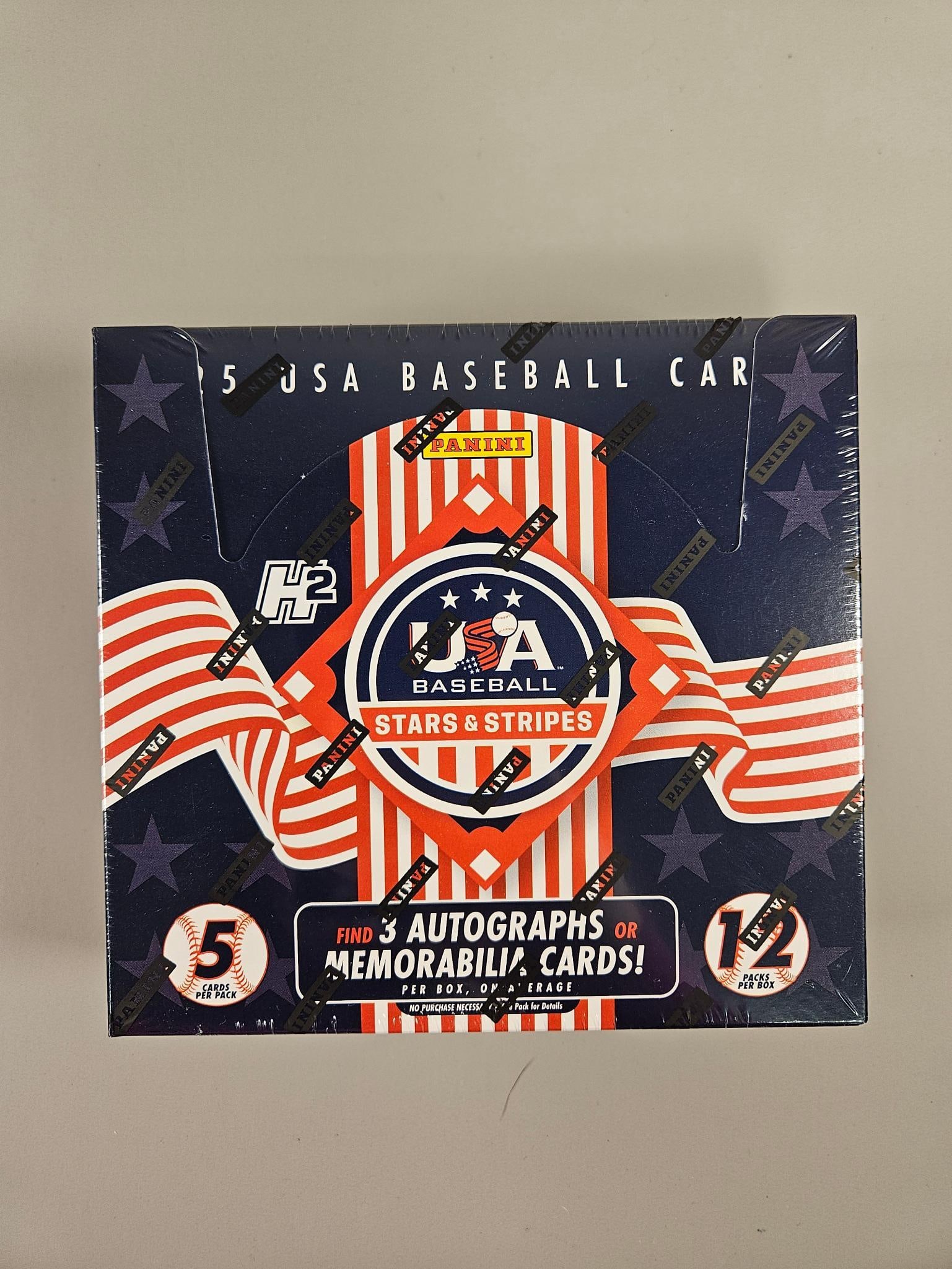 2025 Panini USA Stars & Stripes Baseball H2 Box: A 2025 Panini USA Stars & Stripes Baseball H2 Box. This factory-sealed cardboard box features patriotic red, white, and blue branding with star and stripe motifs, protected by clear plastic wrap. The