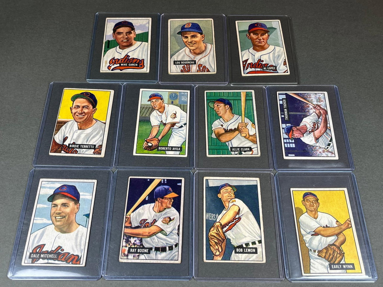 1951 Cleveland Indians Star lot of 11: Wynn, Garcia, Lemon, Boudreau, Lopez: Tebbetts, Boone, Mitchell, Tucker, Clark, Avila, good. Burns in-house shipping is available. Pick up is Thursday, Dec. 4 from Noon to 7 pm at our gallery in Lancaster, Ohio 43130 or we will provide in